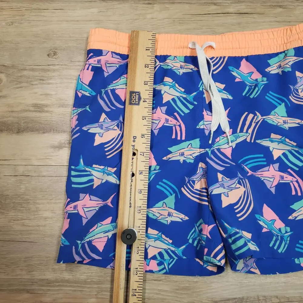 Chubbies Swim Trunks Boys Youth Small 8/9 Blue Shark Print Mesh Lined Shorts